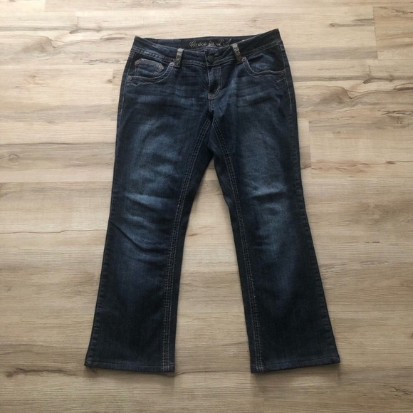 Grace in LA Dark Blue Flare Jeans Denim Cross Embellished Back Pockets Western - Picture 2 of 8